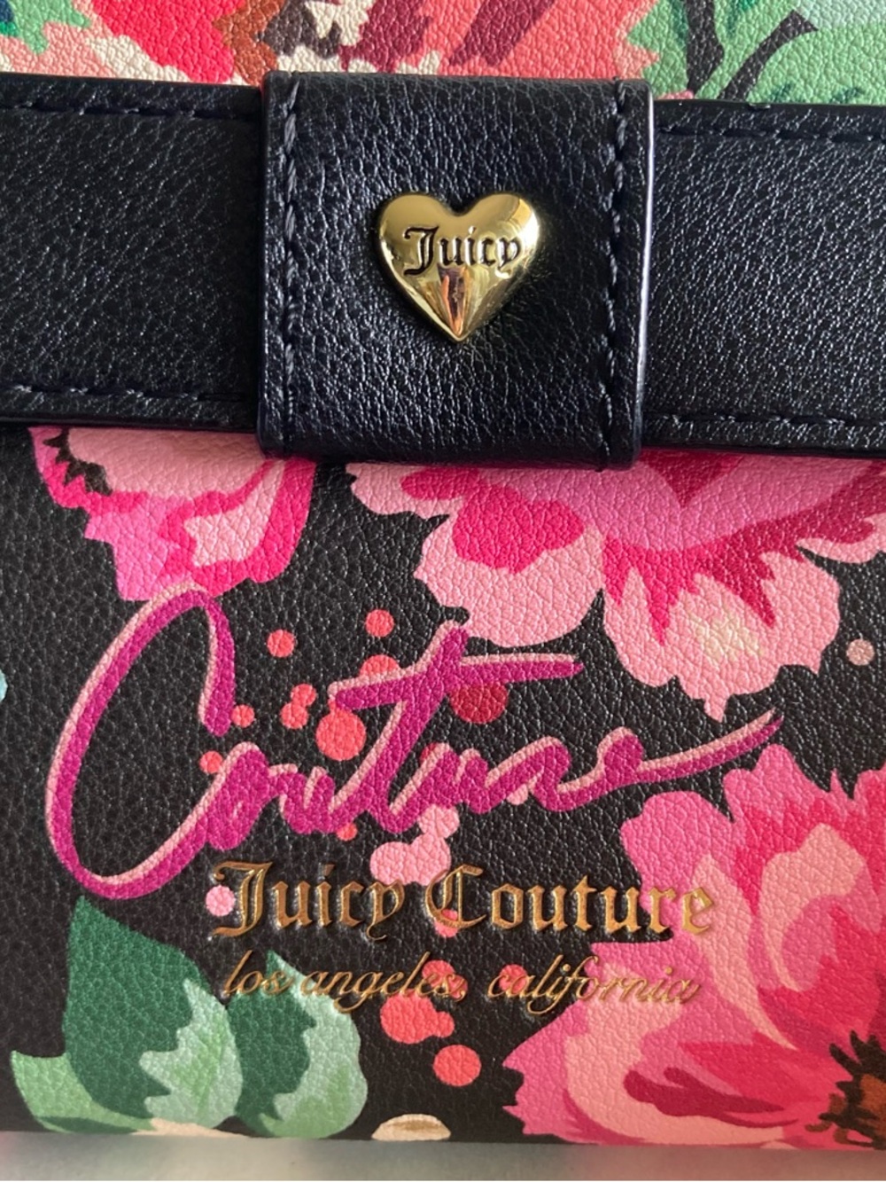 Juicy Couture Black Bow Zip Wallet with Pink & Green floral Accents - Picture 3 of 10
